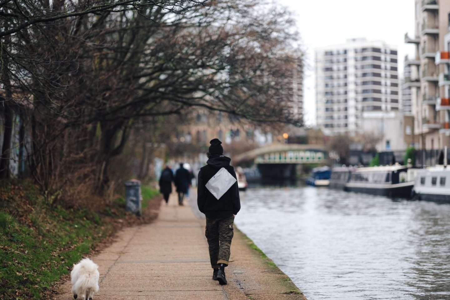 Man Walks away from camera with dog wearing Wizard Works Wiz Viz Reflective Musette